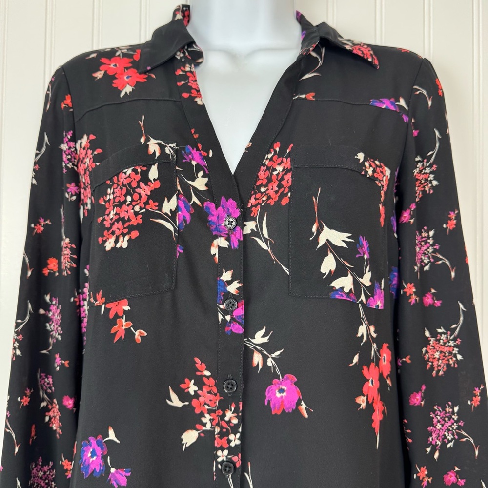 Express‎ The Portofino Shirt Women's XS Black Floral Blouse Office Business - Picture 2 of 11
